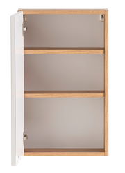 Offener Hängeschrank aus Holz mit zwei Regalböden, Tür links geöffnet, Frontalansicht