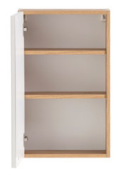 Offener Hängeschrank aus Holz mit zwei Regalböden, Tür links geöffnet, Frontalansicht