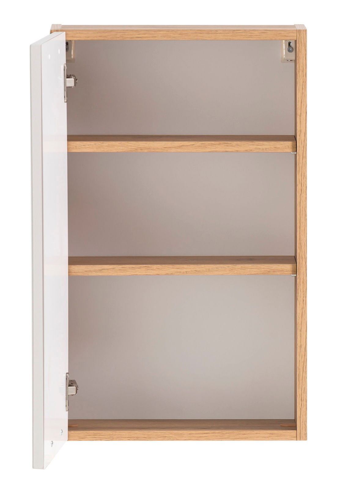 Offener Hängeschrank aus Holz mit zwei Regalböden, Tür links geöffnet, Frontalansicht