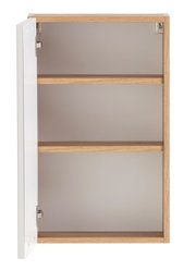 Offener Hängeschrank aus Holz mit zwei Regalböden, Tür links geöffnet, Frontalansicht