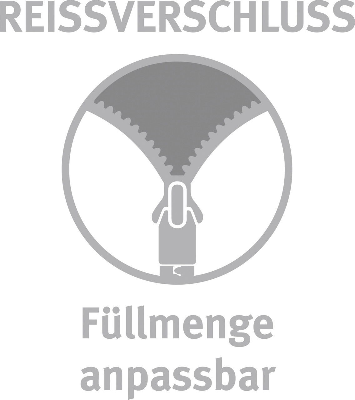 Grafik eines Reißverschlusses mit der Aufschrift 'Füllmenge anpassbar', frontal betrachtet.