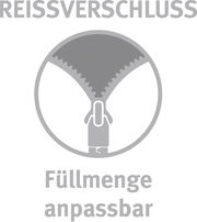 Grafik eines Reißverschlusses mit der Aufschrift 'Füllmenge anpassbar', frontal betrachtet.
