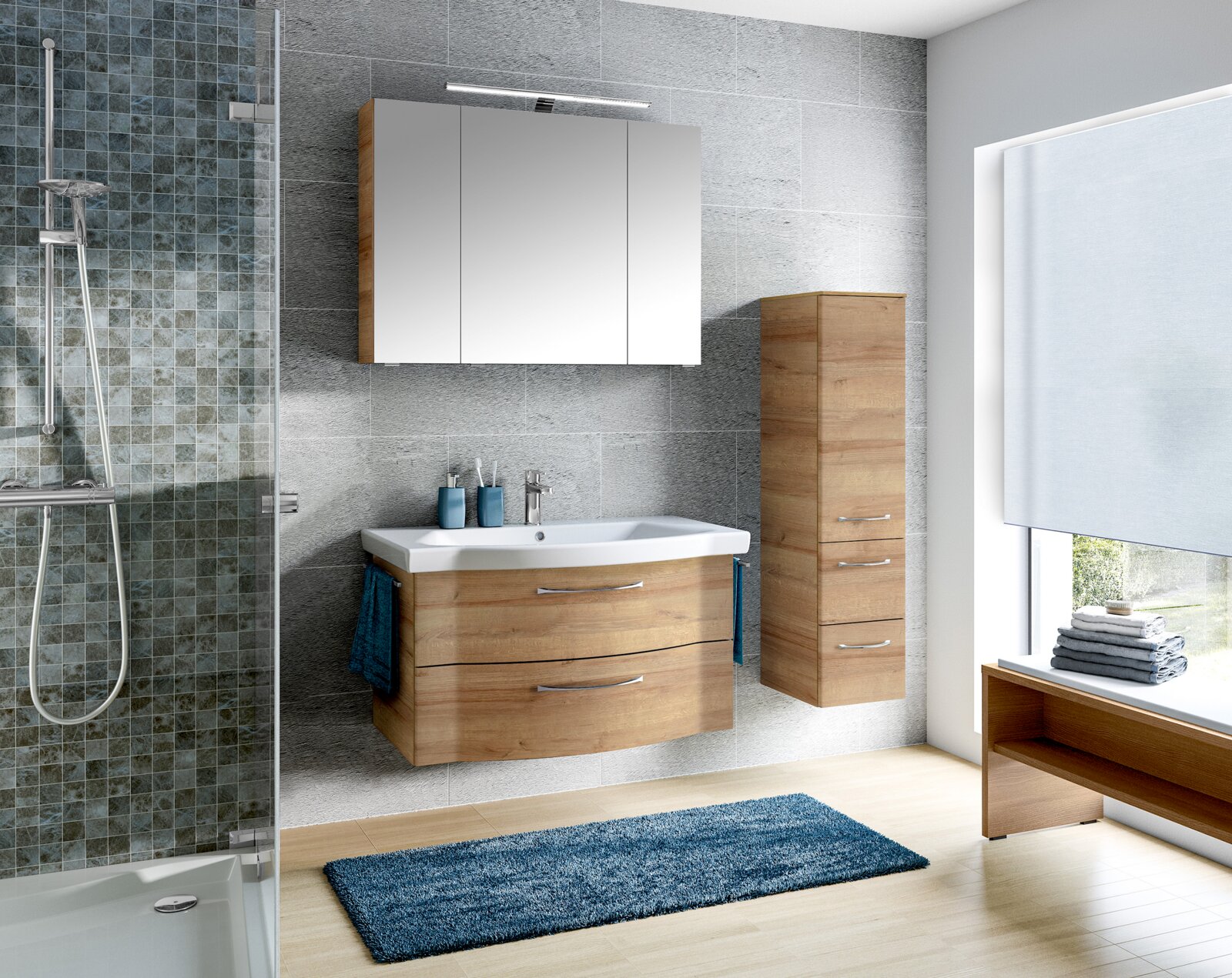 Moderne Badezimmermöbel in Holzoptik mit Waschbecken und Spiegel, seitliche Perspektive