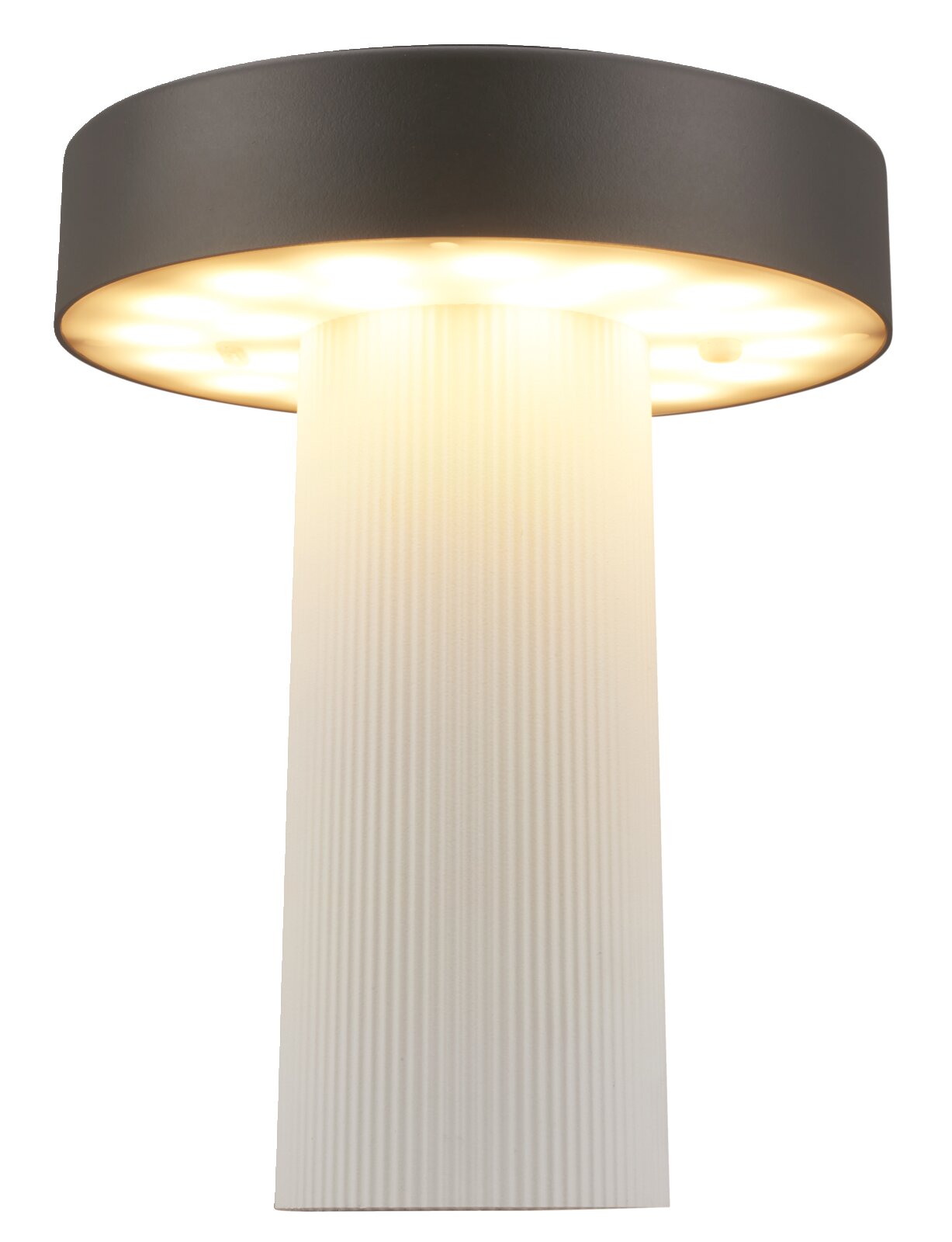 Moderne LED-Tischleuchte mit schwarzem rundem Lampenkopf und weiß geriffeltem Schirm, warmweiß leuchtend, Nahaufnahme von schräg unten (Untersicht)