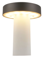 Moderne LED-Tischleuchte mit schwarzem rundem Lampenkopf und weiß geriffeltem Schirm, warmweiß leuchtend, Nahaufnahme von schräg unten (Untersicht)