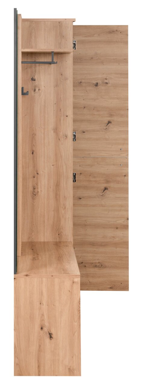 Houten kapstokset in zijaanzicht, met haken en een plank.