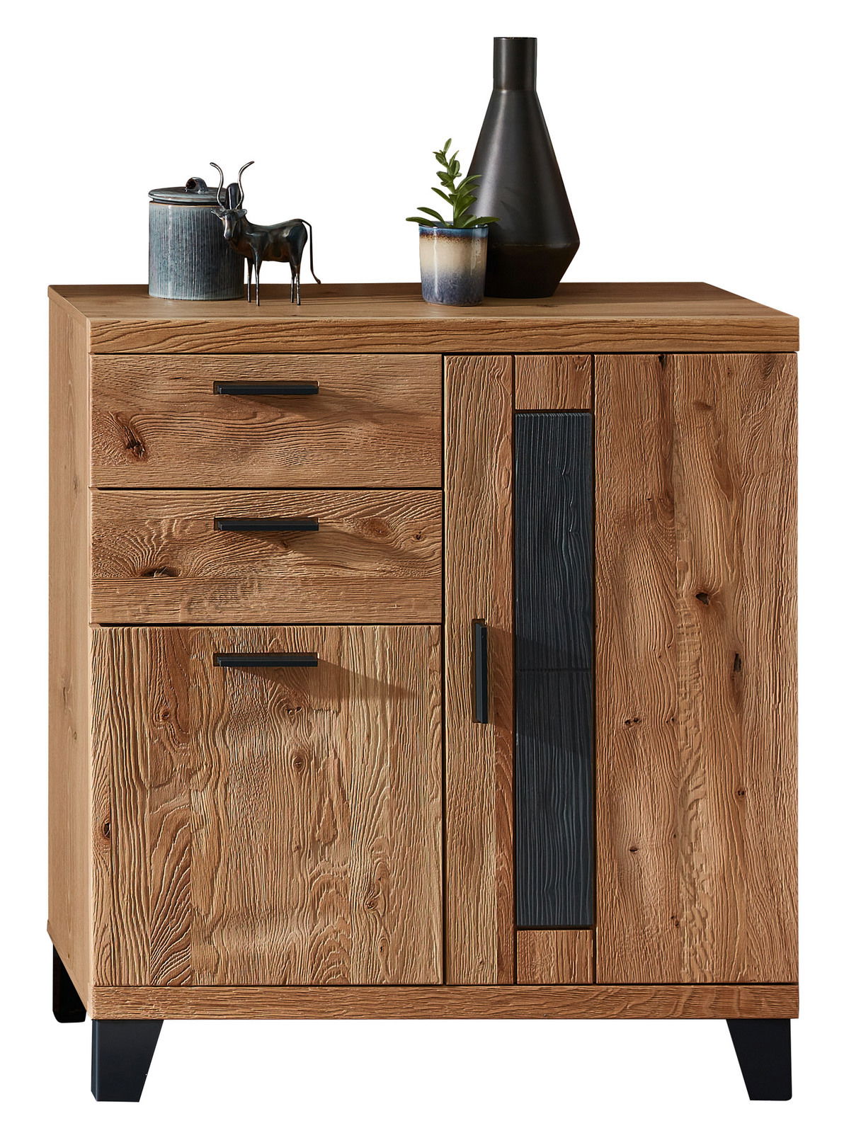 Linea Natura Schuhschrank PERSIKO Schuhschrank aus Holz mit drei Schubladen und einer Tür, dekoriert mit Vasen und einer Figur, frontal betrachtet.