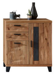 Schuhschrank aus Holz mit drei Schubladen und einer Tür, dekoriert mit Vasen und einer Figur, frontal betrachtet.