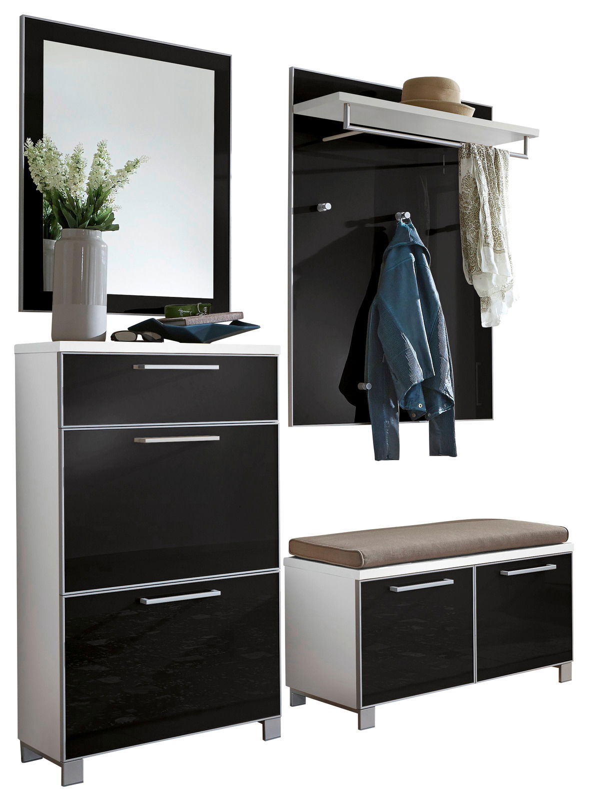 VOSS Garderoben-Set 5-tlg. SANTINA Modernes Garderoben-Set in Schwarz und Weiß, bestehend aus einem Spiegel, einer Kommode, einer Sitzbank mit Stauraum und einer Wandgarderobe mit Haken und Ablage. Frontalansicht.
