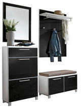 Modernes Garderoben-Set in Schwarz und Weiß, bestehend aus einem Spiegel, einer Kommode, einer Sitzbank mit Stauraum und einer Wandgarderobe mit Haken und Ablage. Frontalansicht.