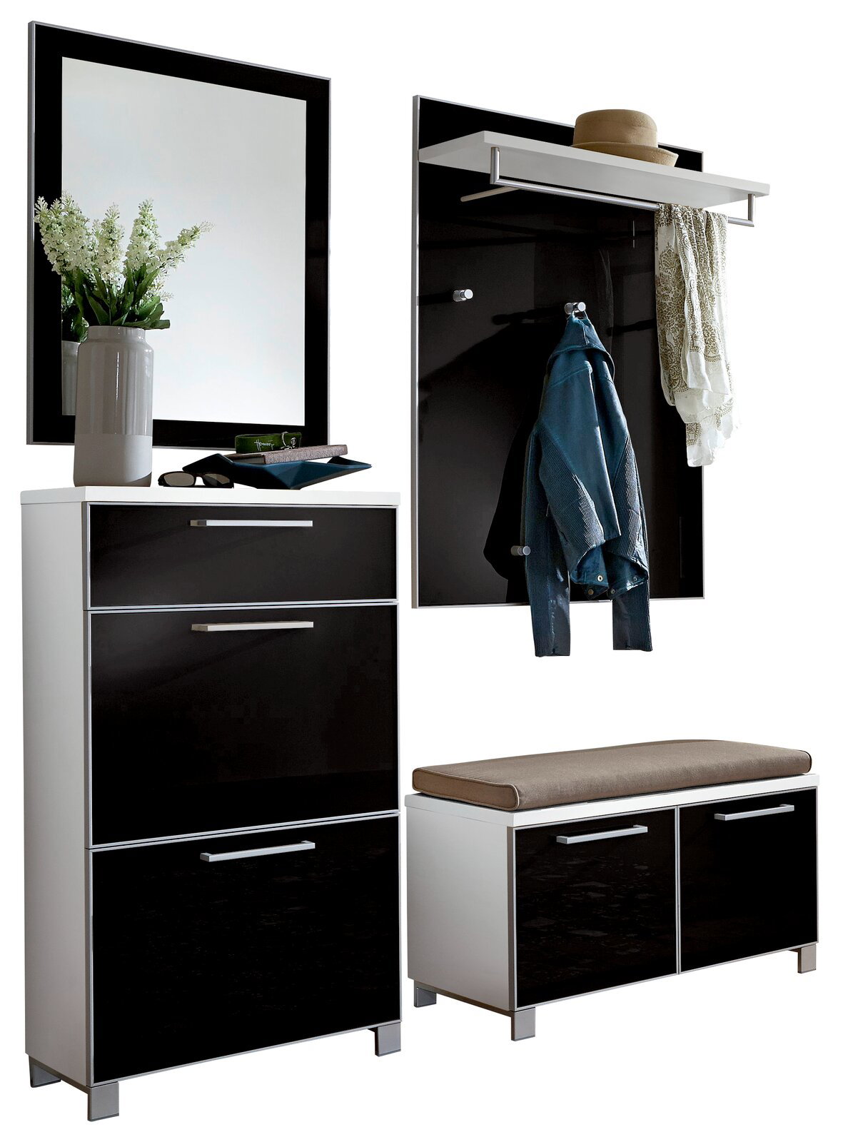 VOSS Garderoben-Set 5-tlg. SANTINA Modernes Garderoben-Set in Schwarz und Weiß, bestehend aus einem Spiegel, einer Kommode, einer Sitzbank mit Stauraum und einer Wandgarderobe mit Haken und Ablage. Frontalansicht.
