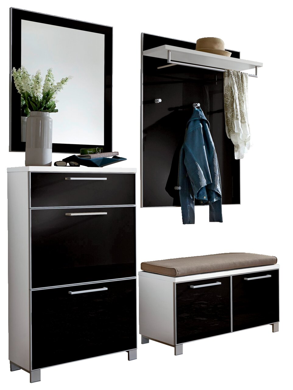 Modernes Garderoben-Set in Schwarz und Weiß, bestehend aus einem Spiegel, einer Kommode, einer Sitzbank mit Stauraum und einer Wandgarderobe mit Haken und Ablage. Frontalansicht.
