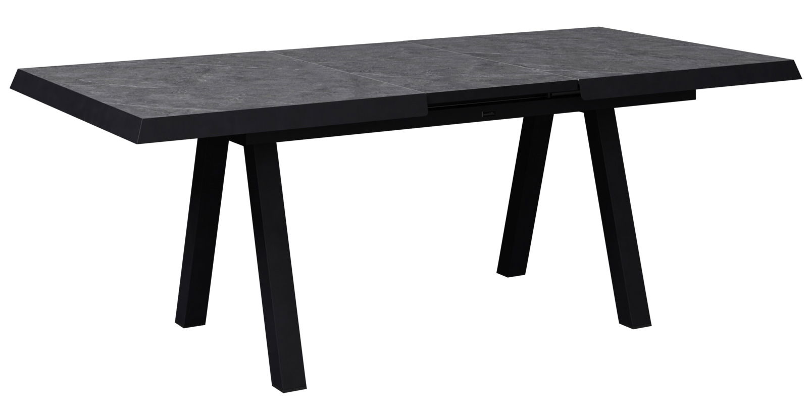 Moderner, ausziehbarer Gartentisch mit dunkler Steinoptik, seitliche Perspektive
