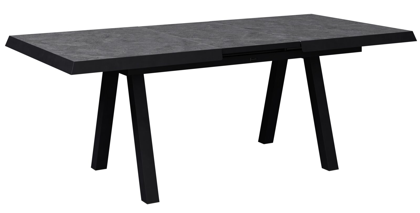 Moderner, ausziehbarer Gartentisch mit dunkler Steinoptik, seitliche Perspektive