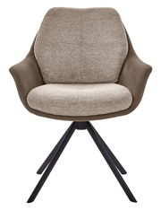 Moderner Armlehnstuhl mit gepolstertem Sitz und Rückenlehne in Beige, braunen Armlehnen und schwarzen Metallbeinen, Frontalansicht.