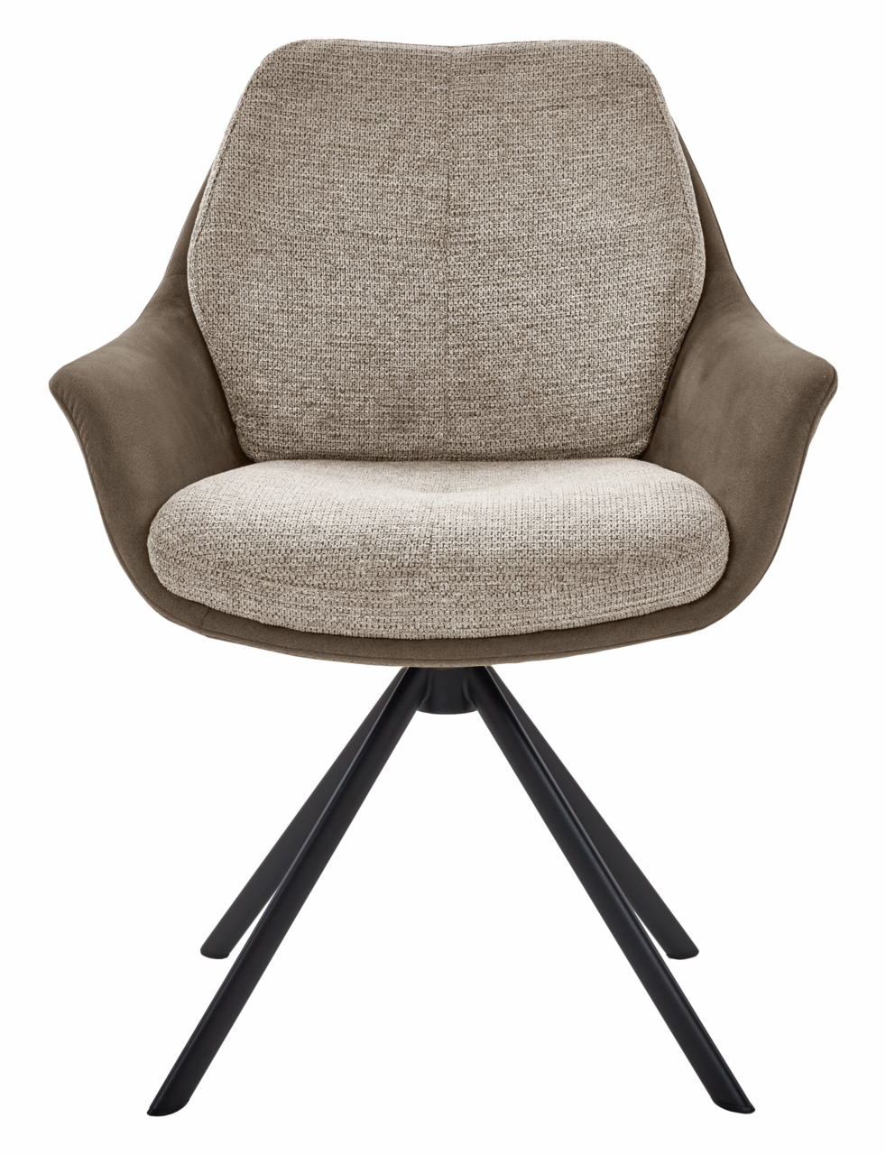 Moderner Armlehnstuhl mit gepolstertem Sitz und Rückenlehne in Beige, braunen Armlehnen und schwarzen Metallbeinen, Frontalansicht.