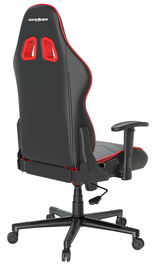 Rückansicht eines DXRacer Gamingstuhls PRINCE mit schwarzem und rotem Design, verstellbaren Armlehnen und stabiler Basis auf Rollen.