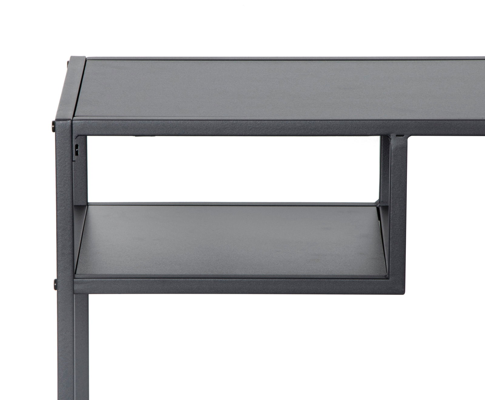 Moderner grauer Konsolentisch aus Metall mit zwei Ebenen, seitliche Perspektive.