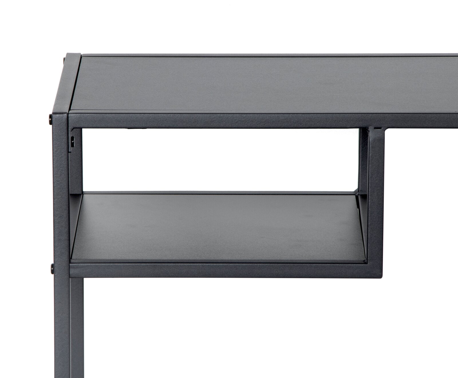 Moderner grauer Konsolentisch aus Metall mit zwei Ebenen, seitliche Perspektive.