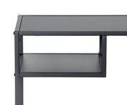 Moderner grauer Konsolentisch aus Metall mit zwei Ebenen, seitliche Perspektive.