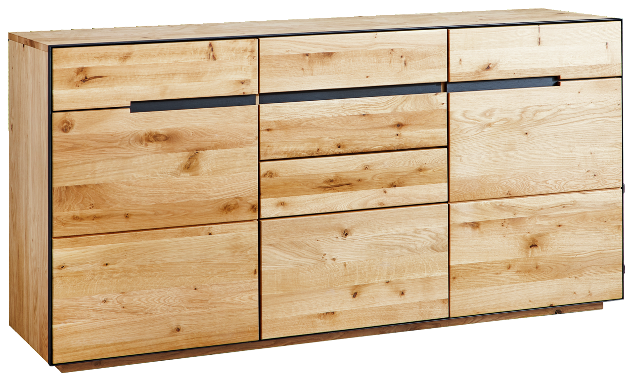 Modernes Sideboard aus hellem Holz mit mehreren Schubladen und Türen, frontale Ansicht.