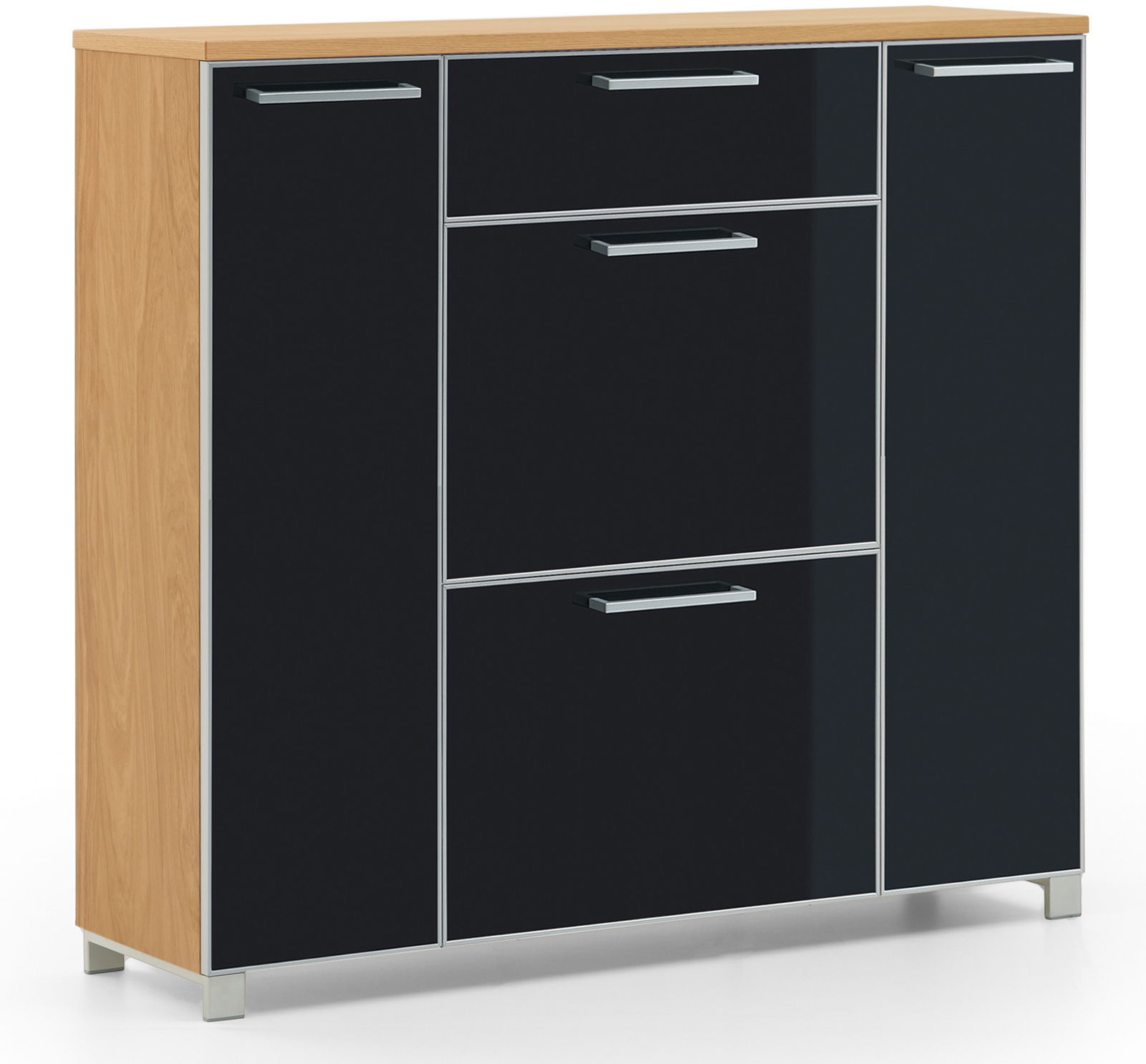 VOSS Schuhschrank SANTINA Moderner Schuhschrank mit schwarzer Hochglanzfront und Holzseiten, seitliche Perspektive