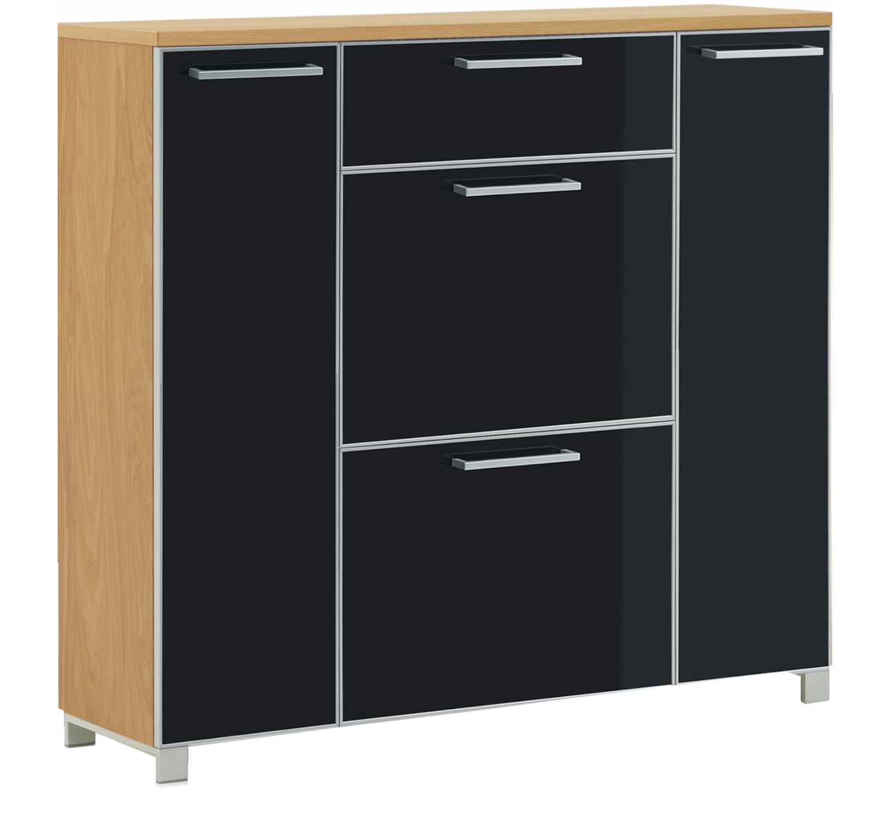 VOSS Schuhschrank SANTINA Moderner Schuhschrank mit schwarzer Hochglanzfront und Holzseiten, seitliche Perspektive