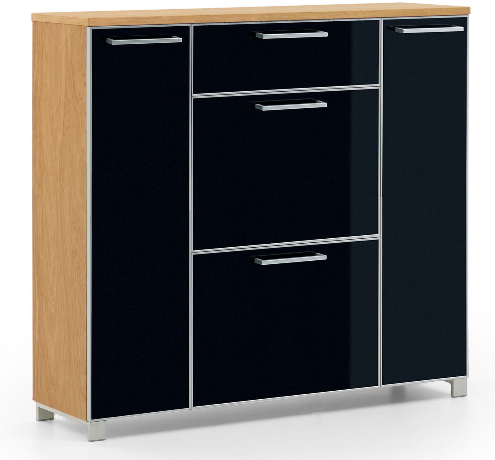 VOSS Schuhschrank SANTINA Moderner Schuhschrank mit schwarzer Hochglanzfront und Holzseiten, seitliche Perspektive