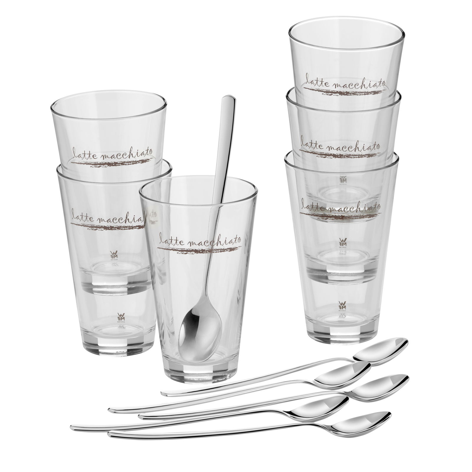 Latte Macchiato-Set mit sechs Gläsern und sechs Löffeln, seitliche Perspektive