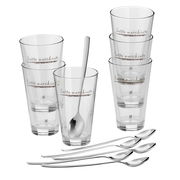 Latte Macchiato-Set mit sechs Gläsern und sechs Löffeln, seitliche Perspektive