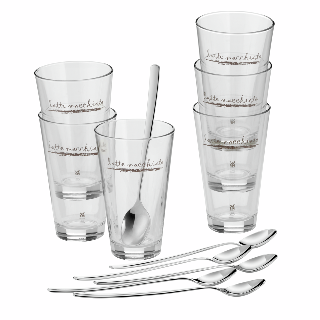 Latte Macchiato-Set mit sechs Gläsern und sechs Löffeln, seitliche Perspektive