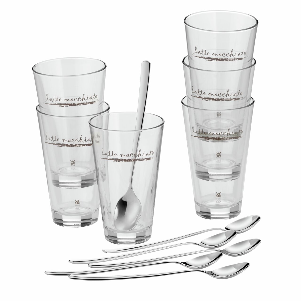 Latte Macchiato-Set mit sechs Gläsern und sechs Löffeln, seitliche Perspektive