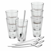 Latte Macchiato-Set mit sechs Gläsern und sechs Löffeln, seitliche Perspektive