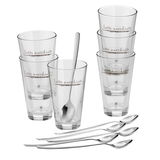 Latte Macchiato-Set mit sechs Gläsern und sechs Löffeln, seitliche Perspektive