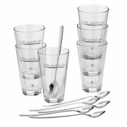 Latte Macchiato-Set mit sechs Gläsern und sechs Löffeln, seitliche Perspektive