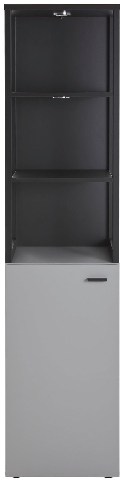 Moderne Vitrine in Schwarz und Grau mit zwei offenen Regalböden und einer geschlossenen Tür, Frontalansicht.