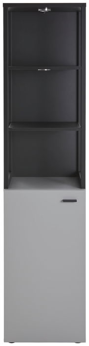 Moderne Vitrine in Schwarz und Grau mit zwei offenen Regalböden und einer geschlossenen Tür, Frontalansicht.