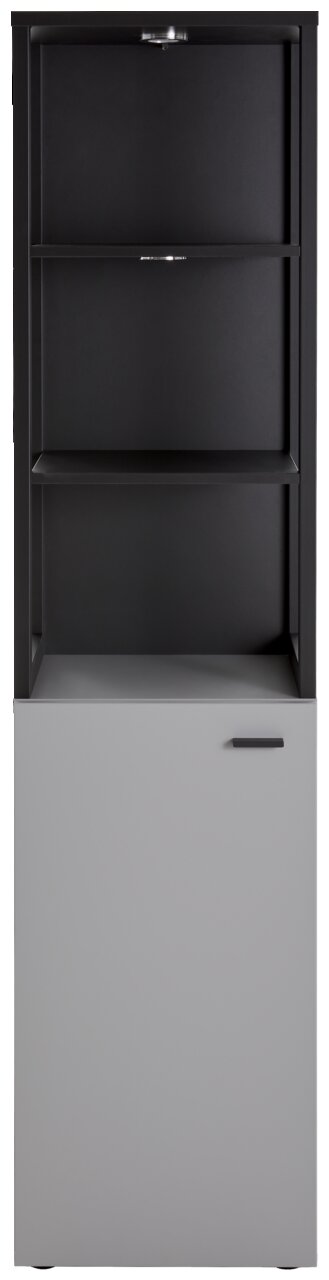 Moderne Vitrine in Schwarz und Grau mit zwei offenen Regalböden und einer geschlossenen Tür, Frontalansicht.