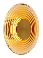 Goldfarbenes, geripptes Glasobjekt in ovaler Form mit konzentrischen Ringen und glatter Mittelzone, freigestellt auf weißem Hintergrund, Draufsicht/Frontansicht