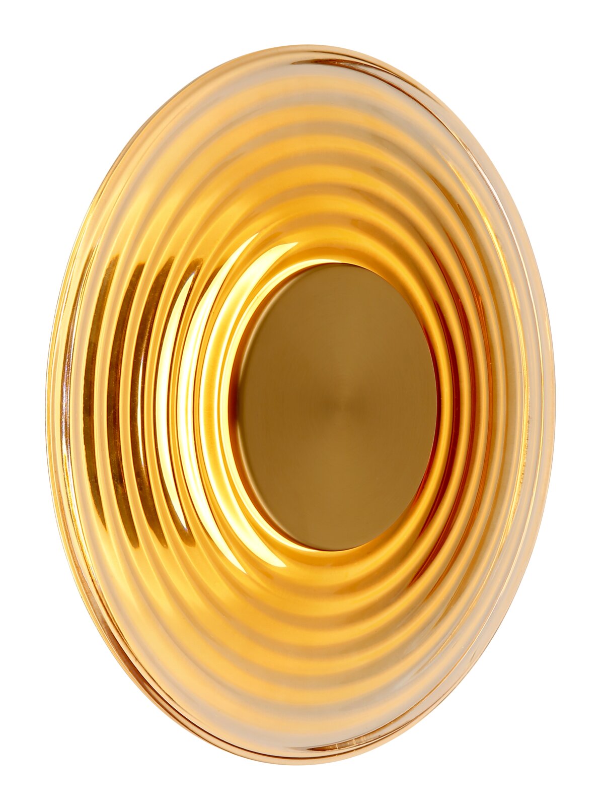 Goldfarbenes, geripptes Glasobjekt in ovaler Form mit konzentrischen Ringen und glatter Mittelzone, freigestellt auf weißem Hintergrund, Draufsicht/Frontansicht