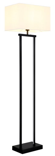 Moderne Stehlampe mit rechteckigem weißem Stoffschirm und schwarzem, offenem Rahmen-Gestell auf quadratischem Sockel, frontale Ansicht