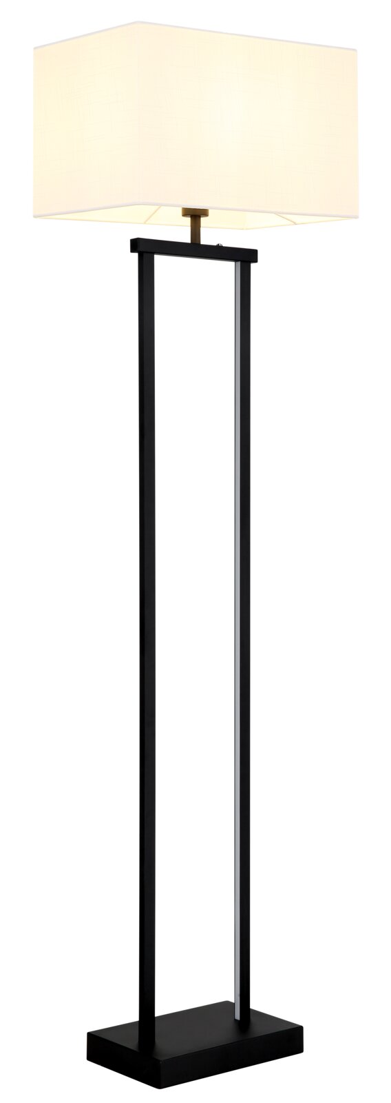 Moderne Stehlampe mit rechteckigem weißem Stoffschirm und schwarzem, offenem Rahmen-Gestell auf quadratischem Sockel, frontale Ansicht