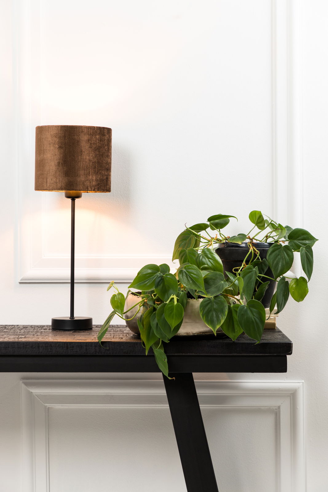 Light&Living Lampenfuß HOUSTEN Moderner Lampenfuß HOUSTON mit braunem Lampenschirm auf einem Tisch, seitliche Perspektive, neben grünen Pflanzen.