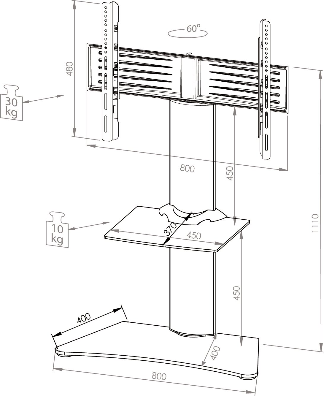 Technische Strichzeichnung eines TV-Ständers mit drehbarer VESA-Halterung (60°), mittlerer Säule und Ablage, inkl. Maßangaben (u. a. 800 mm Breite, 1110 mm Höhe) und Belastbarkeit 30 kg/10 kg, dargestellt in schräger 3/4-Perspektive von vorne.