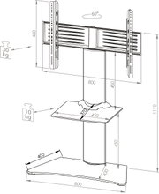 Technische Strichzeichnung eines TV-Ständers mit drehbarer VESA-Halterung (60°), mittlerer Säule und Ablage, inkl. Maßangaben (u. a. 800 mm Breite, 1110 mm Höhe) und Belastbarkeit 30 kg/10 kg, dargestellt in schräger 3/4-Perspektive von vorne.