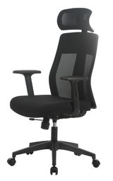 Schwarzer Drehstuhl mit Netzrückenlehne und Kopfstütze, seitliche Perspektive