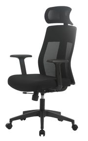 Schwarzer Drehstuhl mit Netzrückenlehne und Kopfstütze, seitliche Perspektive