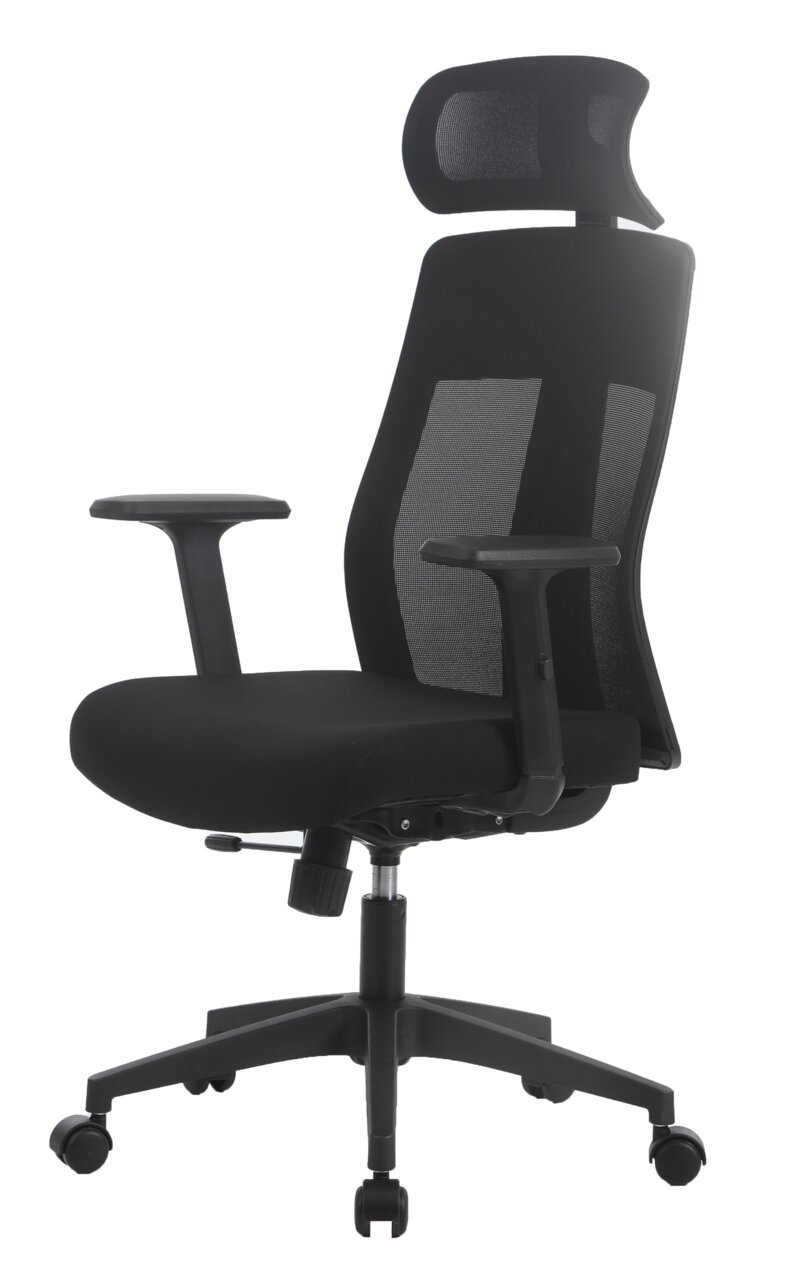 Schwarzer Drehstuhl mit Netzrückenlehne und Kopfstütze, seitliche Perspektive