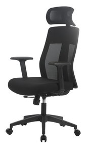 Schwarzer Drehstuhl mit Netzrückenlehne und Kopfstütze, seitliche Perspektive