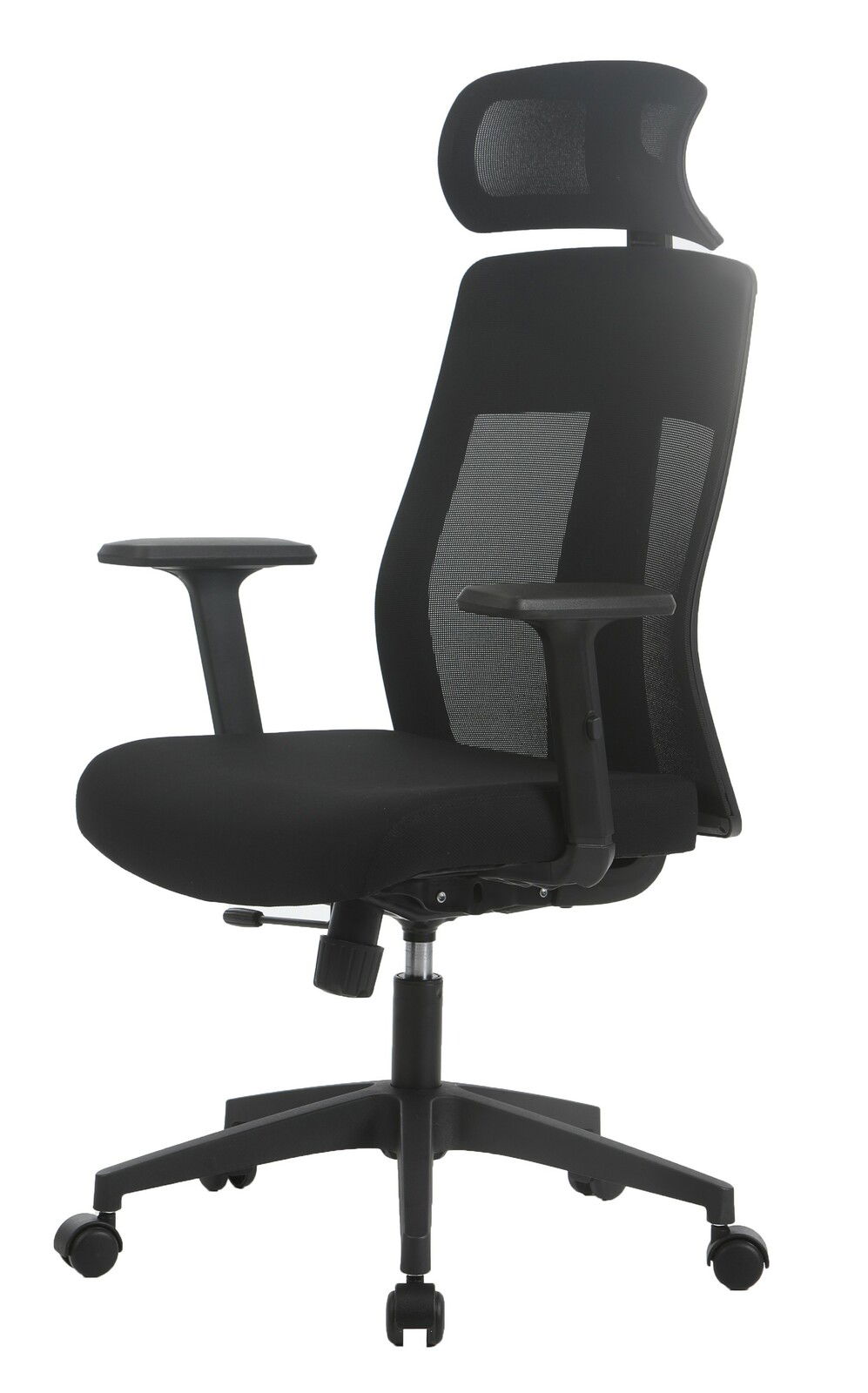 Schwarzer Drehstuhl mit Netzrückenlehne und Kopfstütze, seitliche Perspektive